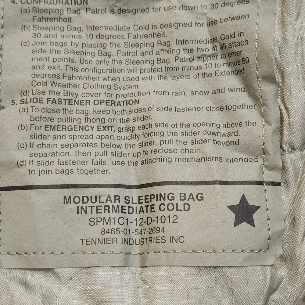 Unused US Military Intermediate Cold Weather Modular  Sleeping Bag Grey Mummy